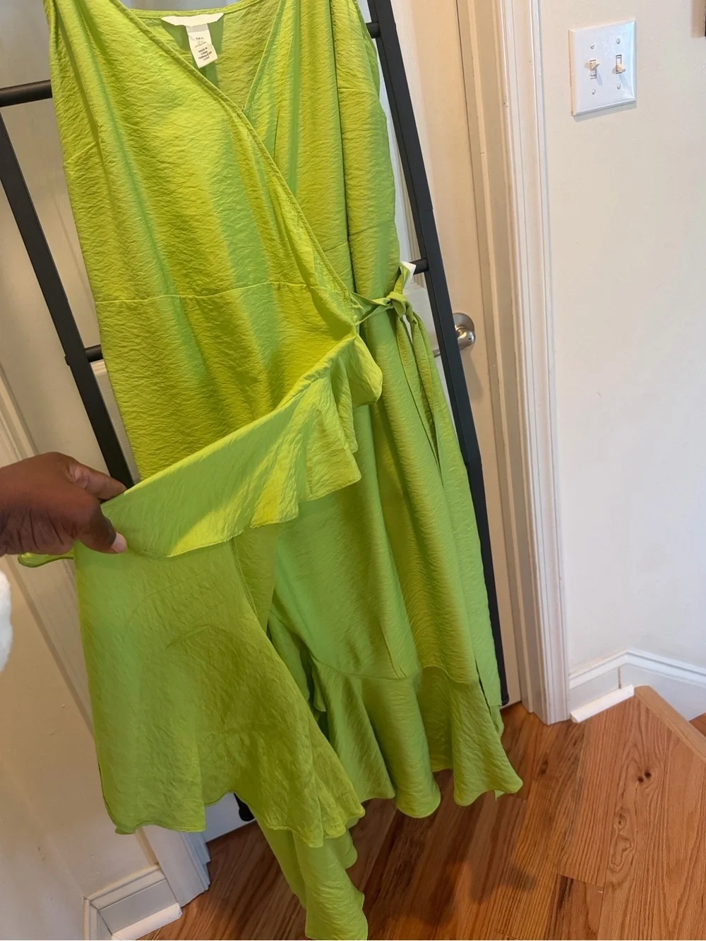 Lime Green Wrap Dress with Ruffle Side Tie Beach Vacation Dress Wedding Guess - Picture 4 of 16